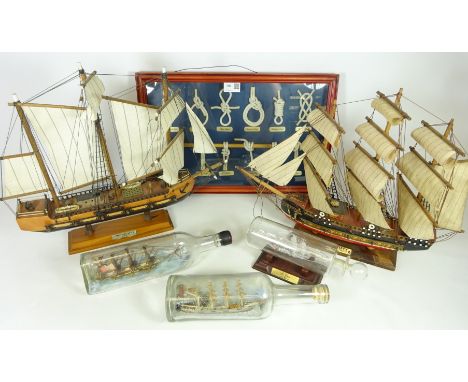 Two model ships 'The Bergantin' and 'The Fragata Espanola', three ships in bottles and knot display in case    Condition Repo