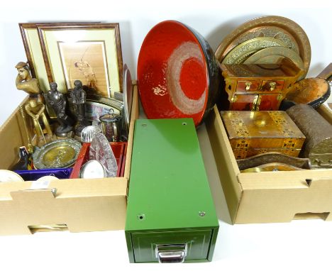 Two bronzed figures of a golfer and Cricketer, Edinburgh crystal cricket bat, paperweights, Victorian Tunbridge ware work box