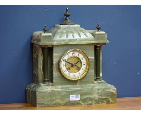 20th century green onyx architectural cased mantle clock with brass columns & finials, circular dial inscribed Street & Co, n