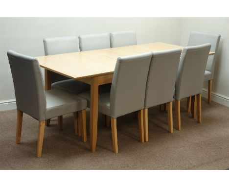 Light oak rectangular extending dining table (88cm x 160cm - 200cm, H76cm), and set eight dining chairs upholstered in grey  