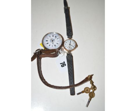 A silver cased fob watch with white enamel roman dial and floral design; together with a Rolco 9ct. gold cased cocktail watch