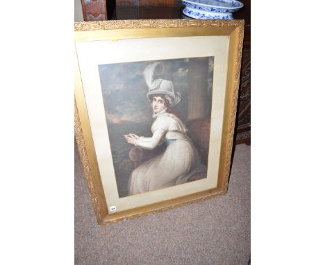 An antique colour mezzotint - Portrait of  Lady Hamilton as Ambassadress 1791, wearing a cream dress with blue sash, after Ge