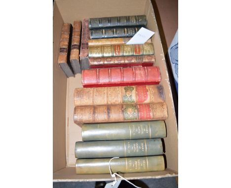 A collection of leather bound books, mainly classics, including: Longfellow, Scott; three vols. of The Diary of Samuel Pepys;