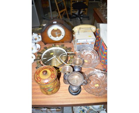 A vintage telephone; mantel clock; wall clock; heartbeat radio; two pressed glass baskets: The Coronation Of King George VI; 