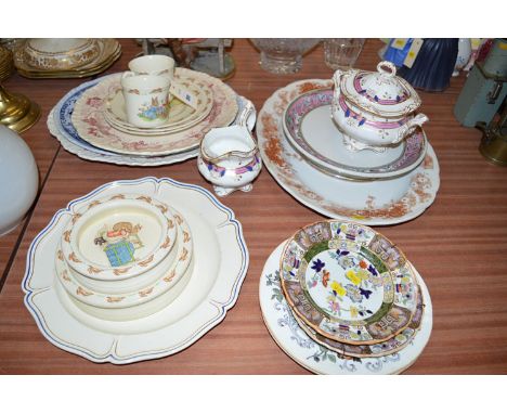 Two Royal Doulton 'Bunnykins' bowls, three plates and two mugs; a 19th Century Sucrier and sugar bowl; together with assorted