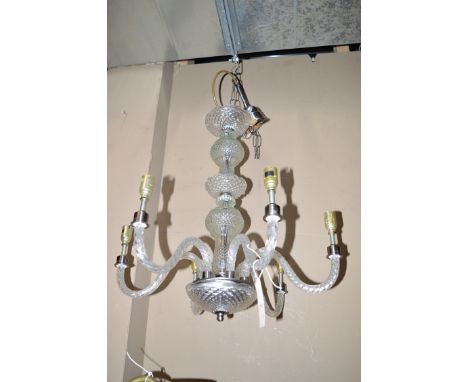 A six-branch glass electric centre ceiling light fitting, with lustre drops.