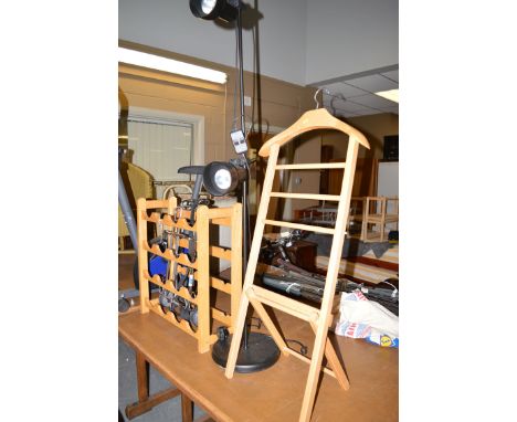 A modern wine rack; a folding shopping trolley holder; a folding beech dumb valet; an anglepoise standard lamp. (4)