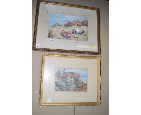 Lithograph - "Girls reading" and a country cottage scene, after Miles Birket Foster.  (2)