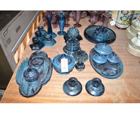 A collection of blue Cloud glass candlesticks; part trinket sets; flower holders; etc.