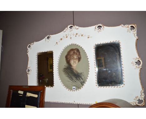 A colour print - Portrait of a lady, after Philip Boileau, set within a wall mirror flanked by two bevelled glass panels.