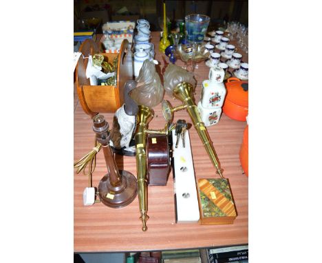 A pair of wall lights; a table lamp; a wooden rack; mantel clock; pair of glass candlesticks; an Art Deco style pitcher holde