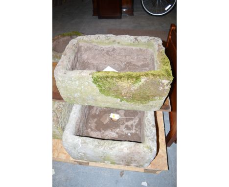 A large stone trough approximately 25 x 20in; and a smaller rectangular stone trough 22 x 15in.