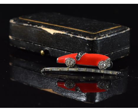Art Deco white metal brooch in the form of a car set with paste and enamel, 4.2cm