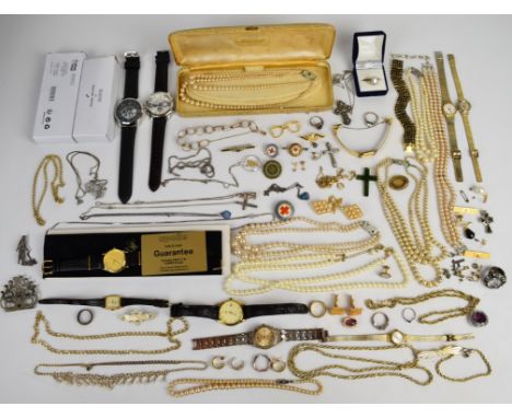A collection of costume jewellery including filigree cross, silver ring, faux pearls, silver brooch set with marcasite, nephr