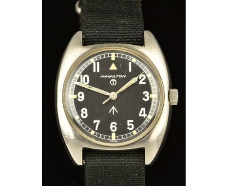 Hamilton gentleman's British military wristwatch with luminous hands and hour markers, white Arabic numerals, railroad minute