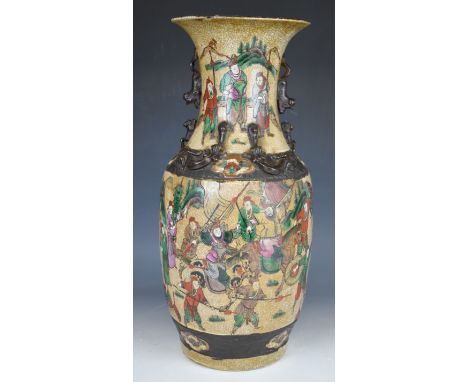 19th / 20thC Chinese crackle glazed vase with figural decoration, drilled for lamp fitting (included), height without fitting