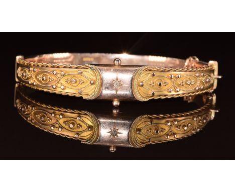 Edwardian 9ct rose gold bangle set with a diamond in a star setting, Chester 1906, in vintage box, 12g, 4.8 x 5.8cm