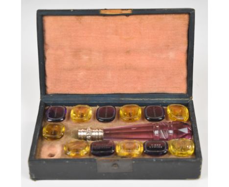 Georgian / Victorian cased set of twelve glass intaglio seals, the case with faceted cut glass handle and white metal mount, 