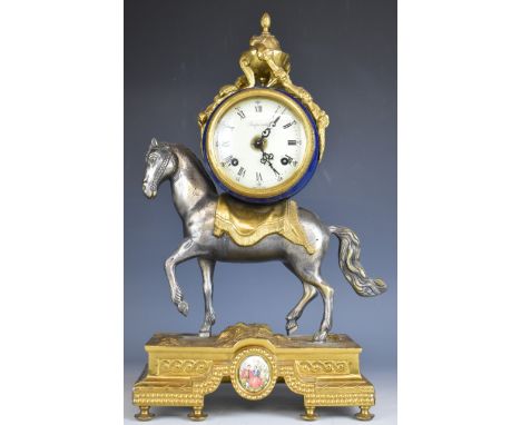 19th century French style mantel clock, supported on a model of a horse, striking on two bells, height 41.5cm