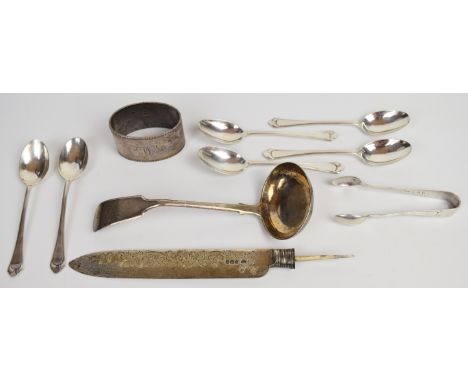 Hallmarked silver items comprising set of six Art Nouveau style teaspoons and tongs, Birmingham 1938, maker&nbsp;Arthur Price