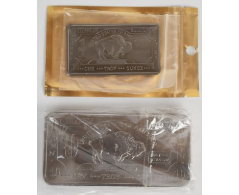 Two United States of America titanium bullion bars comprising ten and one troy ounce examples, length of longer 18cm