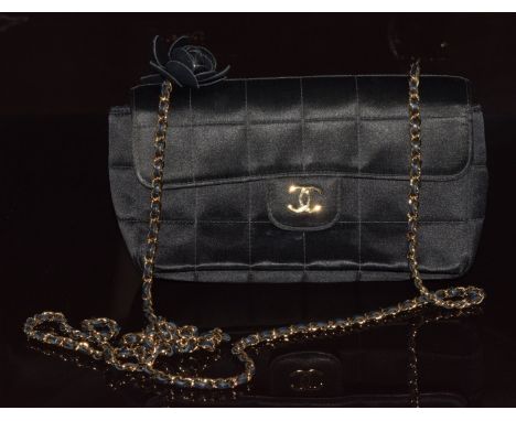 Chanel black satin Camellia Choco Bar shoulder bag of quilted design with gold plated hardware, 2004, in original dust bag&nb