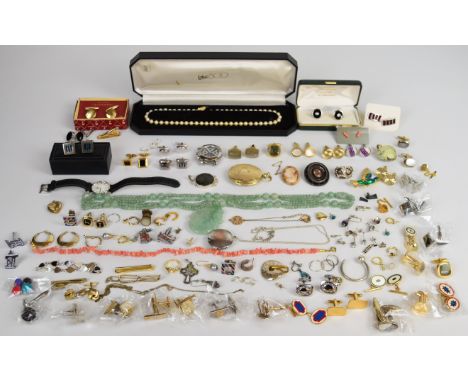 A collection of jewellery including cufflinks, aventurine quartz necklace, coral necklace, Michel Herbelin watch, rolled gold