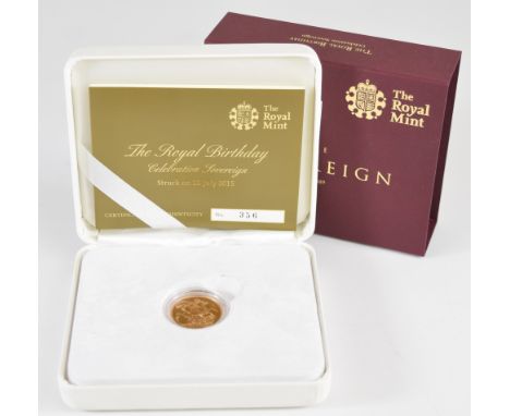Royal Mint cased limited edition (356/400) proof 2015 Elizabeth II Royal Birthday gold full sovereign, with Royal Mint certif