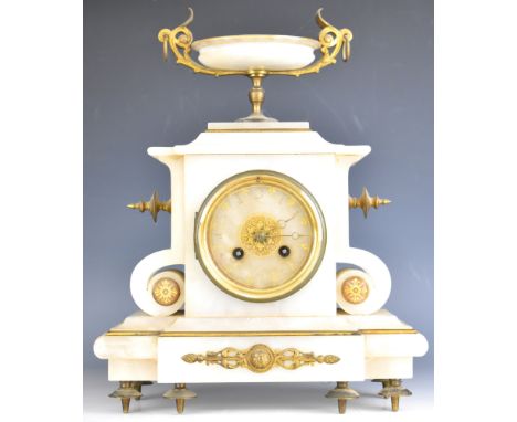 19th century French white alabaster mantel clock with urn finial, the two train movement striking on a bell, height 34cm