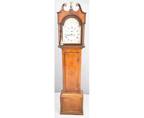 Thomas Scott, Gainsborough oak cased 8 day longcase clock with arch top painted dial, striking on a bell, height 212cm, width