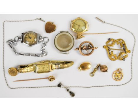 A collection of jewellery including Edwardian stick pin set with seed pearls, 9ct gold stick pin in the form of a fox (4.3g) 