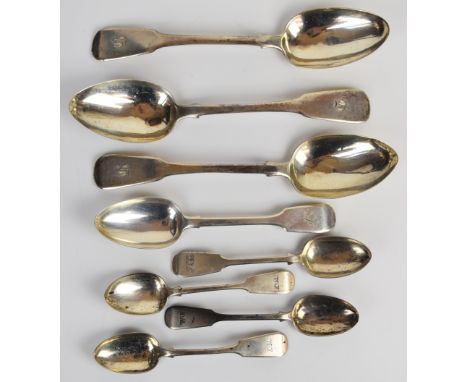 Georgian and later hallmarked silver fiddle pattern cutlery comprising three table spoons, one dessert spoon and four teaspoo