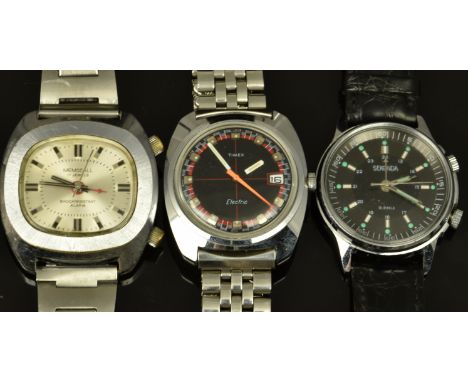 Three vintage gentleman's wristwatches Timex Electric with date aperture and racing dial, Memocall with alarm and silver dial