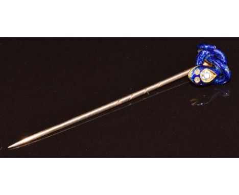 Victorian yellow metal stick pin in the form of a serpent, set with old cut diamonds and blue enamel, 5.7g, 6.5cm