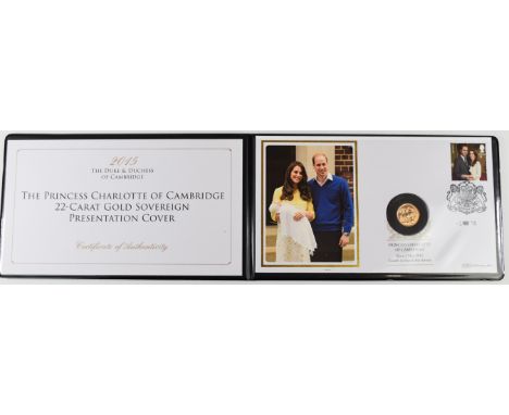 Benham limited edition (of 99) 2015 Elizabeth II gold full sovereign Princess Charlotte of Cambridge coin cover, with certifi