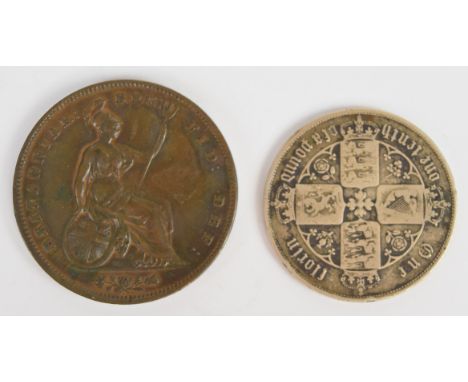 Queen Victoria 1853 bun head copper penny, plain trident, nicely toned VF+ together with an 1858 Gothic florin