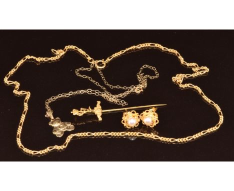 A 9ct gold chain (38cm), 333 chain (44cm), 9ct gold Teddy bear charm, 9ct gold 'Royal Signals' stick pin and a pair of 9ct go