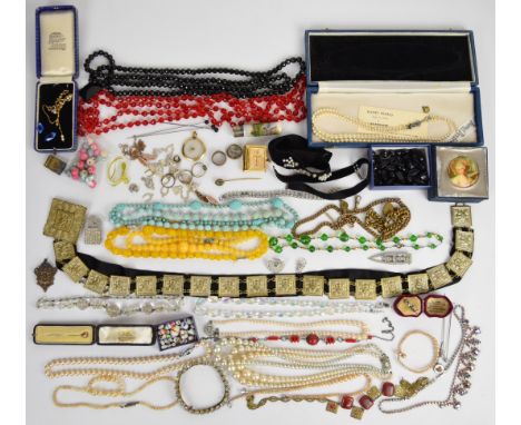 A collection of costume jewellery including beads, Art Deco clips, vintage ring box, Victorian gold plated stick pin. micro m