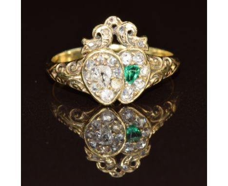 Victorian ring in the form of two hearts set with an emerald and an old cut diamond surrounded by rose cut diamonds, 3.5g, si