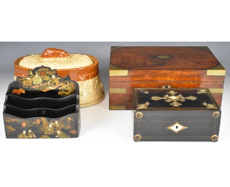 A rosewood box, Chinese stationery stand, mother of pearl inlaid gilt metal and cabochon decorated box and a game pie dish, l