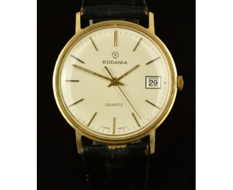 Rodania 9ct gold gentleman's wristwatch with date aperture, gold hands, two-tone baton hour markers, silver dial and quartz m