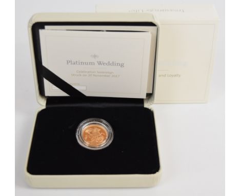 Royal Mint cased limited edition (507/750) proof 2017 Elizabeth II Platinum Wedding gold full sovereign, with Royal Mint cert