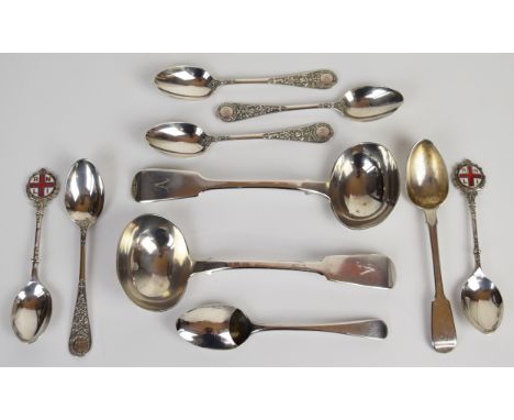 Hallmarked silver cutlery comprising two Victorian fiddle pattern ladles, set of four Victorian teaspoons, pair of RNLI ename