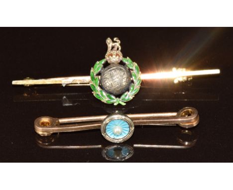 A 15ct gold Royal Marines brooch (3.2g, 4.8cm) and a 9ct gold brooch set with enamel and a pearl (2g, 3.5cm), in antique box