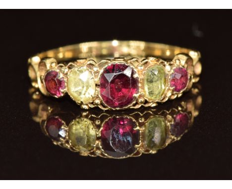 Victorian 18ct gold ring set with garnet, peridot and tourmaline, 1.7g, size K