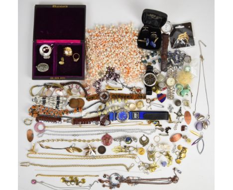A collection of costume jewellery including Kenneth Cole watch, silver pendant, Skagen watch, 9ct gold 'special mum' pendant 