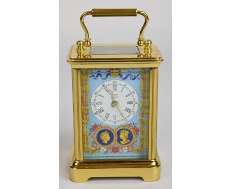 Halcyon Days enamelled brass cased bevelled glass carriage clock, H16cm