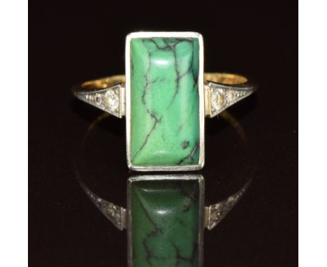 Art Deco 18ct gold ring set with a rectangular turquoise cabochon and diamonds in a platinum setting, 3.4g, size P