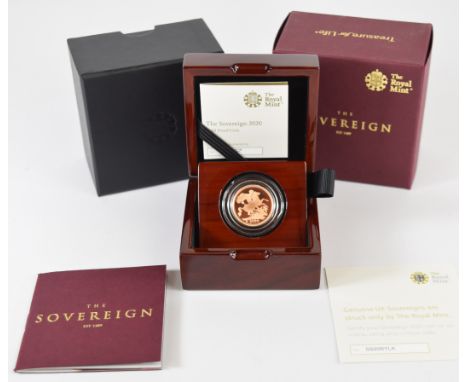 Royal Mint cased limited edition (6367/7995) proof 2020 Elizabeth II gold full sovereign, with Royal Mint certificate