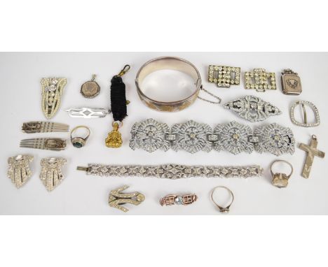 Silver bangle with ivy decoration, silver locket (Birmingham 1908), two silver rings, silver cross, silver brooch, 333 ring s